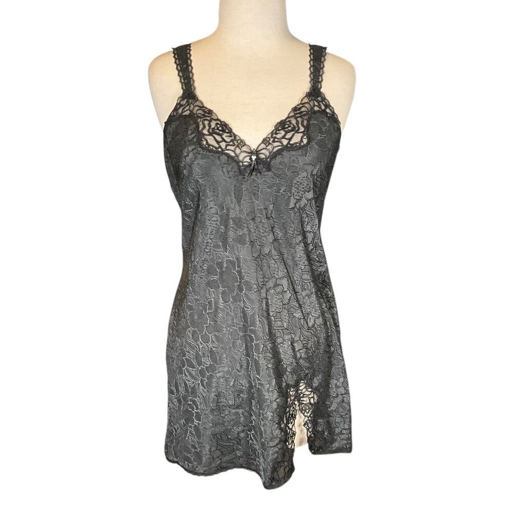 Vintage Wacoal Black Lace Slip Dress Y2K Lingerie Made USA Floral Chemise Med